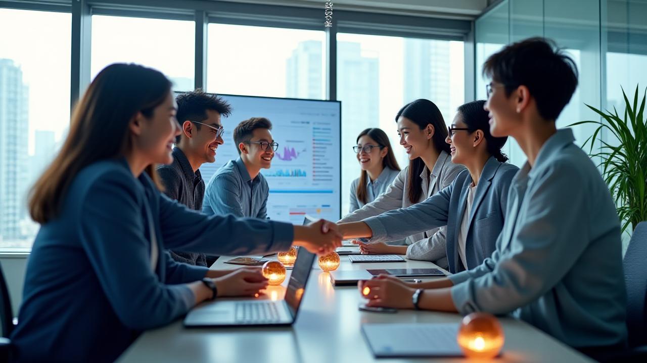 다양한 인재들이 현대적인 사무실에서 성공적으로 취업하여 기뻐하는 모습